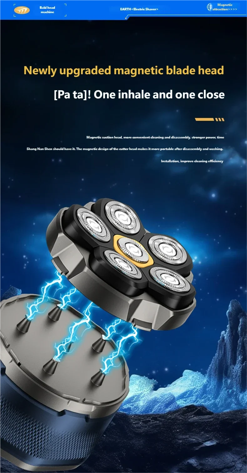 6D Motor-Driven Head Shaver for Men - Water-Resistant Magnetic Rotary Razor with LED Bald Head Hair Trimmer