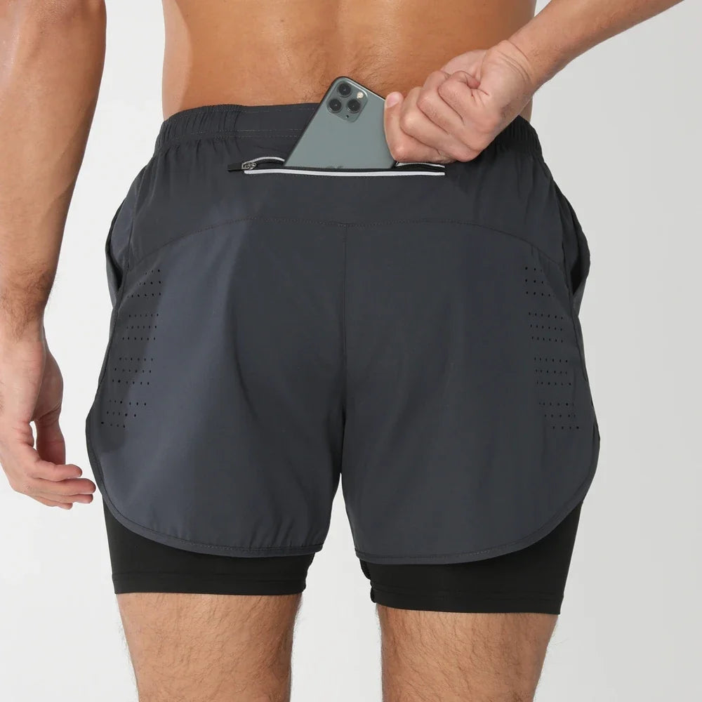 Fast-dry men's 2-in-1 running shorts - lightweight lined, polyester, for gym and summer training