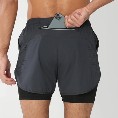 Fast-dry men's 2-in-1 running shorts - lightweight lined, polyester, for gym and summer training