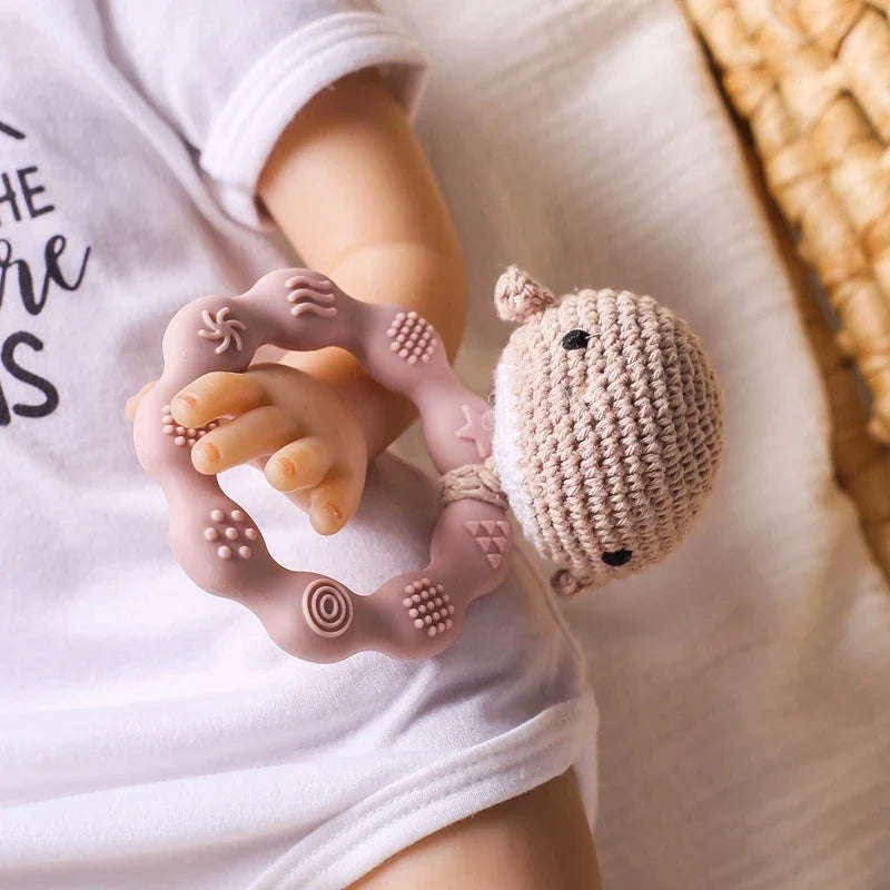 Bear Crochet Teether Rattle Ring Newborn Sensory Toys