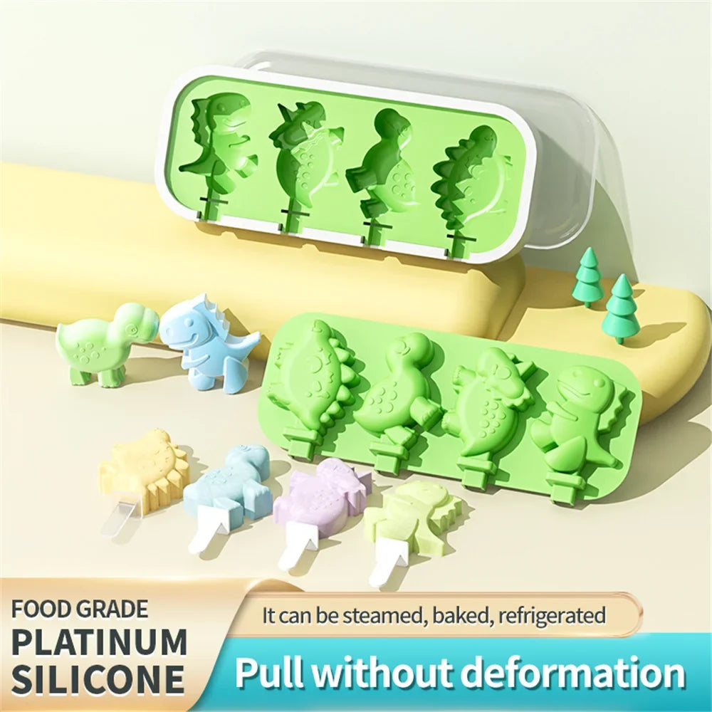 Ice Dinosaur-Shaped Cream Mold and Ice Pop Maker with Lid and Sticks, Food-Grade Silicone, Non-Stick, Temperature Resistant