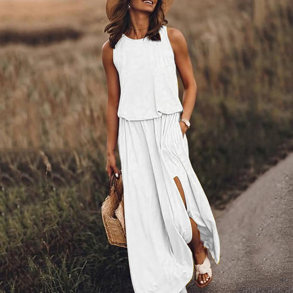 Spring/Summer Women's Trendy Retro Sleeveless Dress, Solid Color Two-Piece Kit