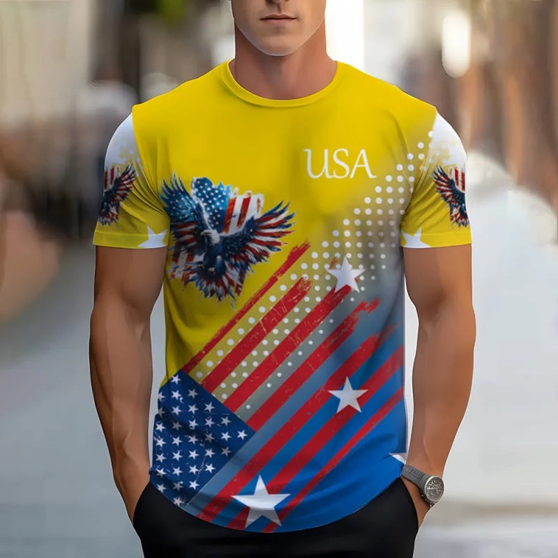 Plush men's tee - relaxed fit, 3D print patriotic eagle and flag graphic, casual wear