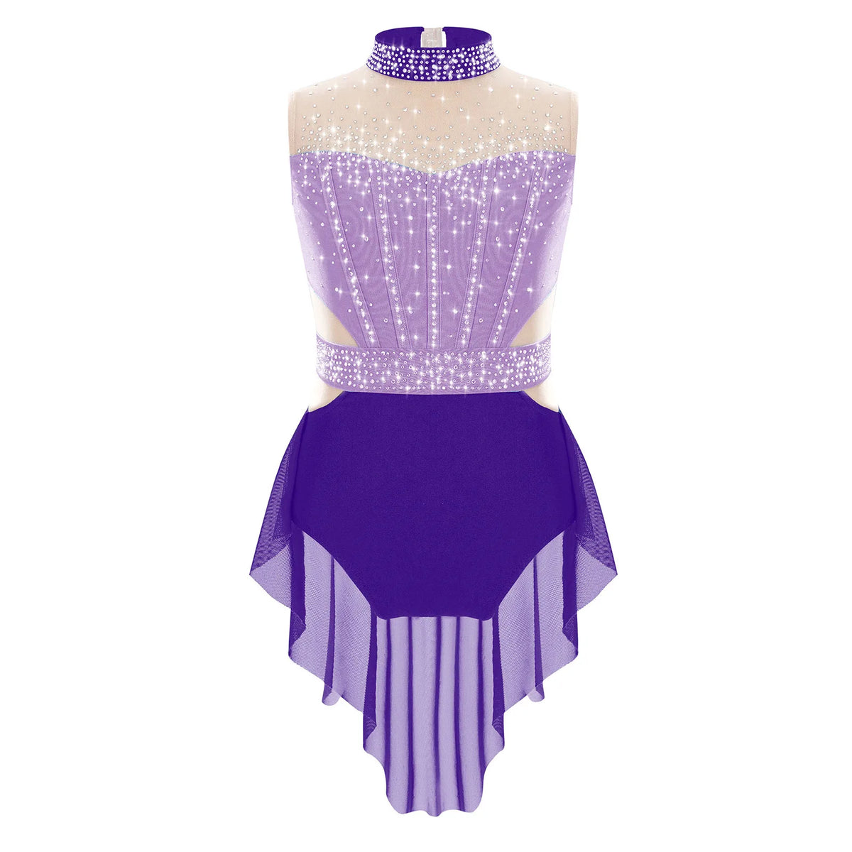 Flattering Stretchy Girls' Dance Leotard - Sleeveless Rhinestone Mesh Top, Polyester, Nylon, Elastane, For Competition