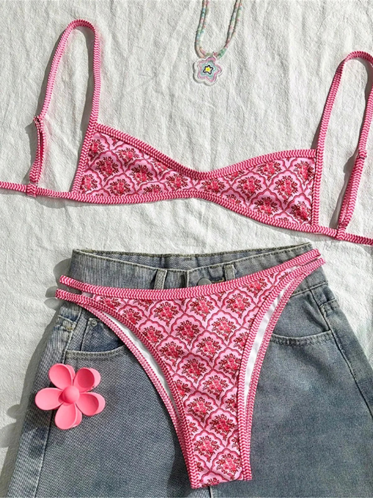high-leg cut floral print, polyester, elastane, for swimming – Fast-dry women's bikini set