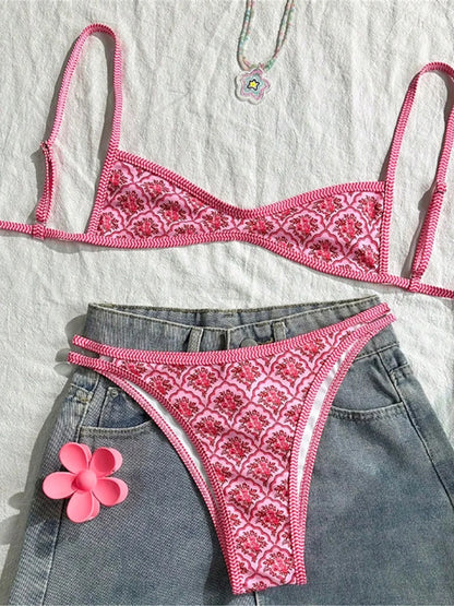 high-leg cut floral print, polyester, elastane, for swimming – Fast-dry women's bikini set
