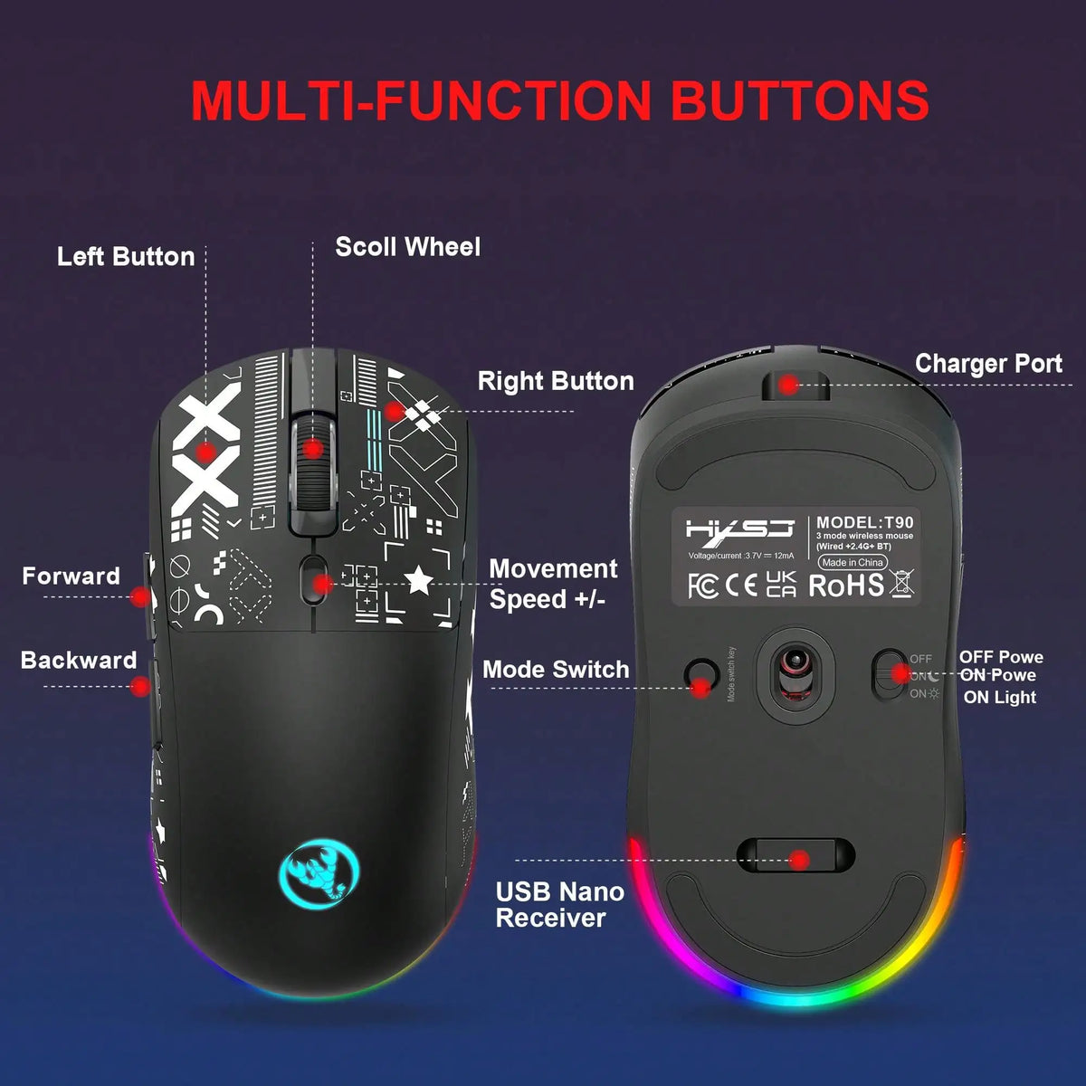 Gaming Mouse Cordless RGB 4000 DPI Battery-Powered 650mAh