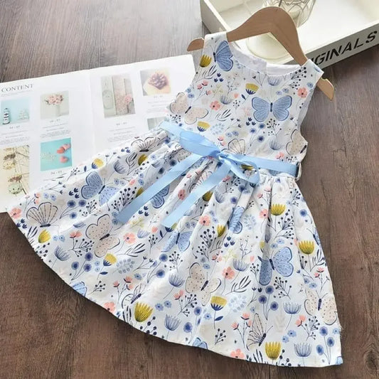 Floral Butterfly Print, Knee-Length, Sleeveless, Sash Waist, Casual Wear – Light and Flattering Girls' Dress