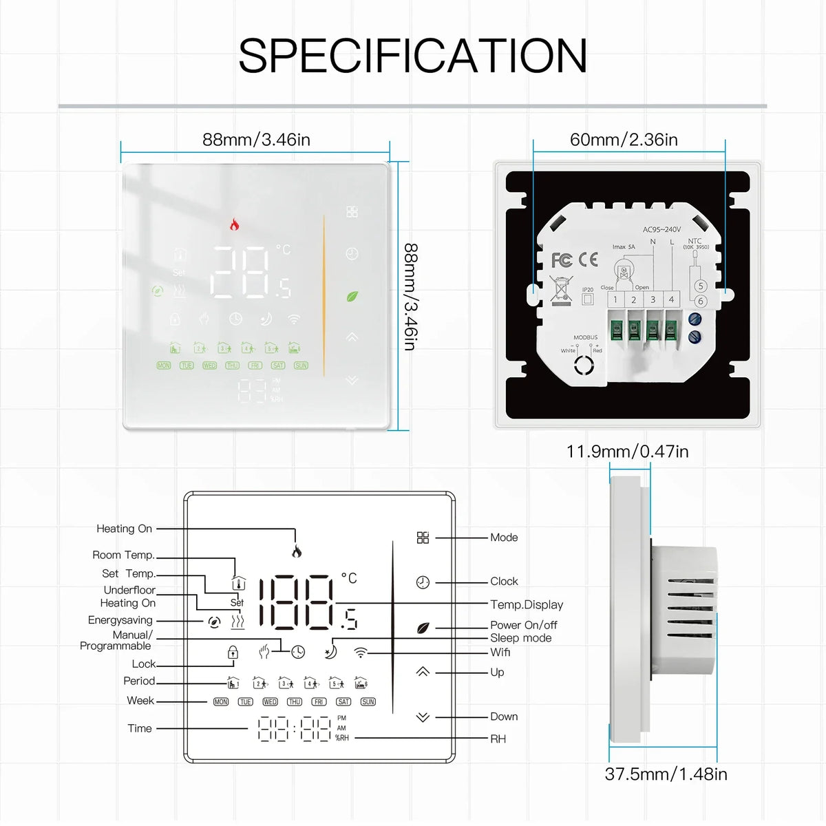 Thermostat ZigBee Wall Mounted Glass Panel Hub Compatible Fall 2025 Energy Saving