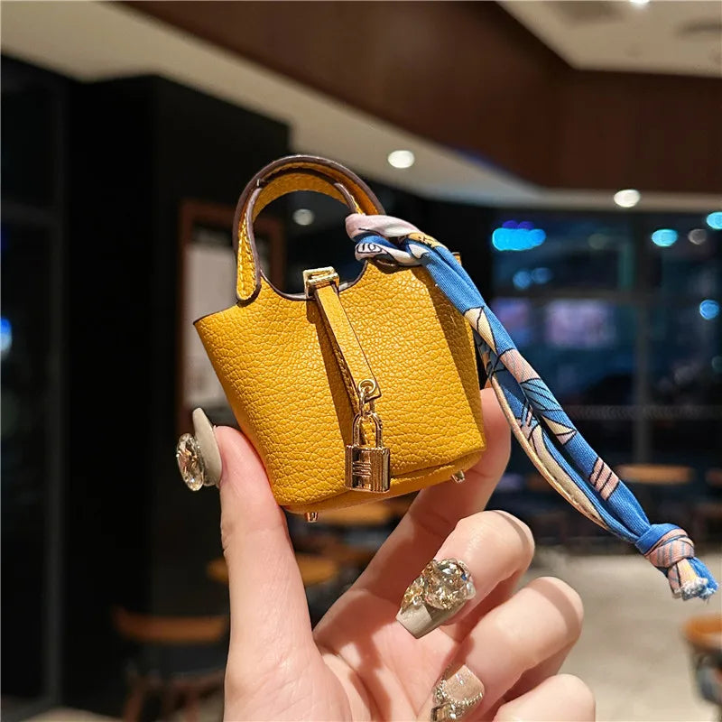 Inspired Birkin Mini Hand Bag - Leather Basket Bag Charm Keychain & Earphone Case