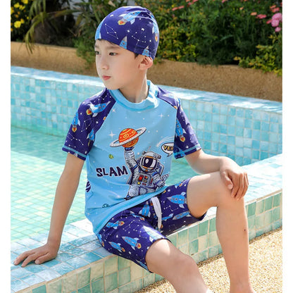 Light, Sturdy Boys' Two-Piece Swimsuit - Rash Guard Top, Shark-Print Trunks, Kit With Hat