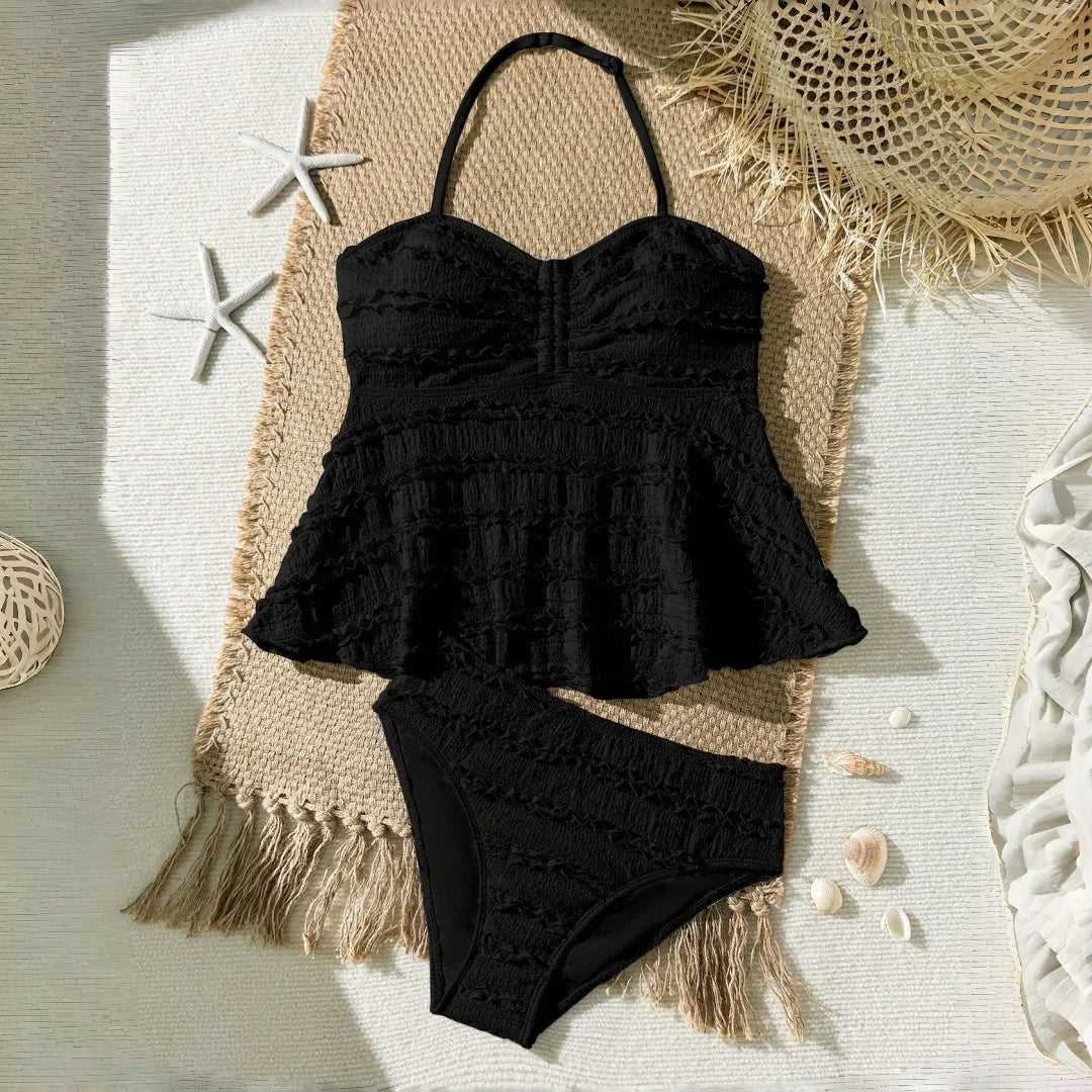 Light girls’ bikini set - two-piece, textured lace-like fabric, polyester, for summer beach vacation