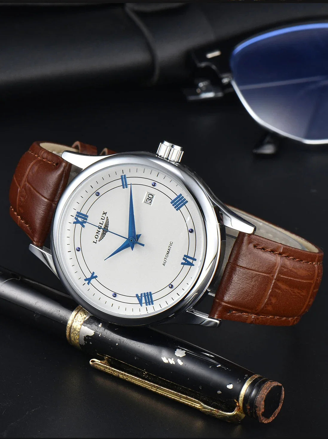 Automatic Watch Leather Strap Mechanical Date Water-Resistant