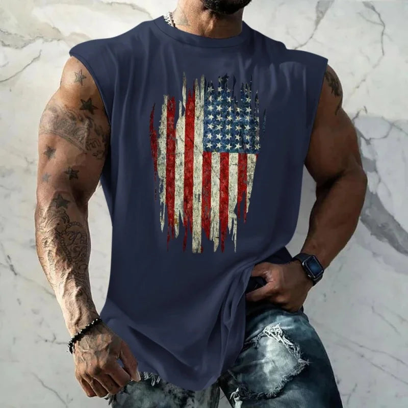 Men's Breathable Tank Top - Round-Neck, Sleeveless, 3D-Printed American Flag Heart Graphic, Casual Summer Wear