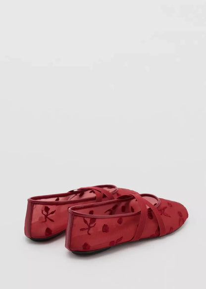 Light Women Ballet Flats - Mary Jane, Embroidered Mesh
