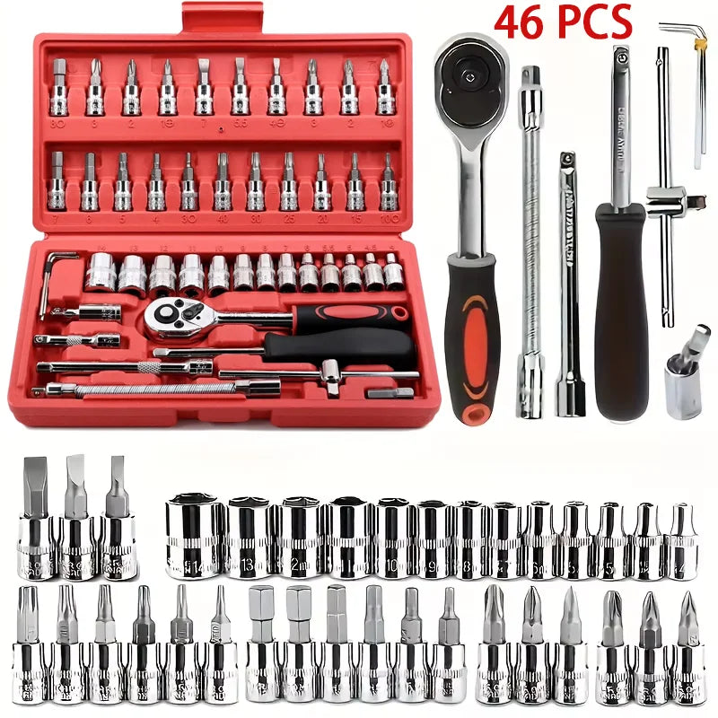 Metric Socket Wrench Kit - Household Tools Car Mechanic Kit with Ratchet and Adapters