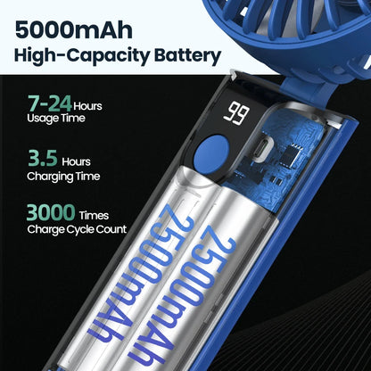 2400mAh/5000mAh Mini Travel-Friendly Fan USB Battery-Powered 3 Speeds, Hand-Held Pocket Fan with Lanyard & Base, Foldable Desk Fan