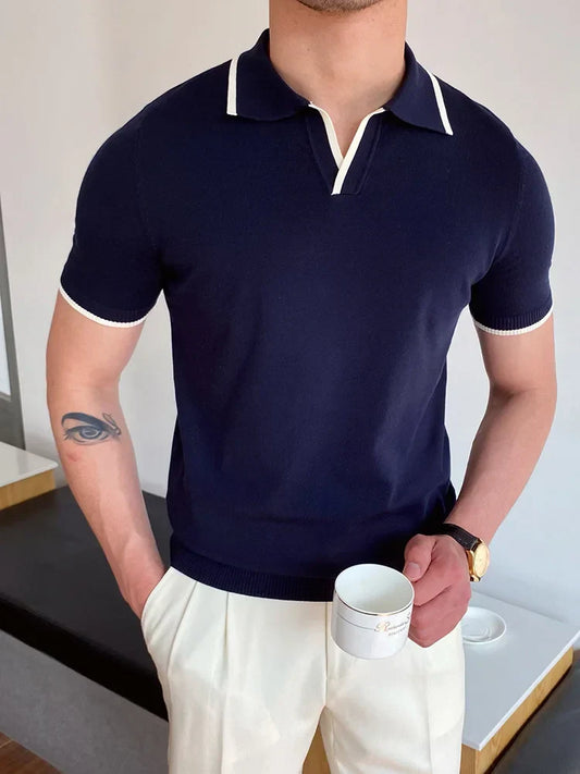 Modern Cotton Patchwork Polo Shirt for Men, Short Sleeves, Breathable Fabric, Tailored Fit Golf Shirt-1
