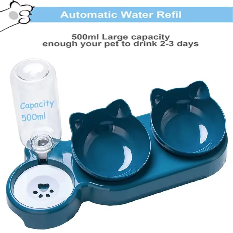 Cat Triple Bowls Pet Feeder with Automatic Drinking Bottle, Tilted Design for Cats and Dogs
