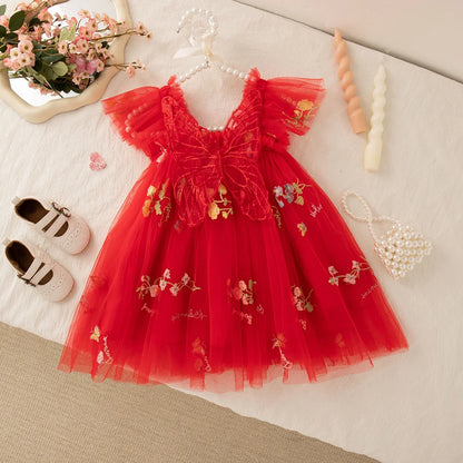 Light flowy girls' dress - knee-length tulle, floral print, polyester, for weddings