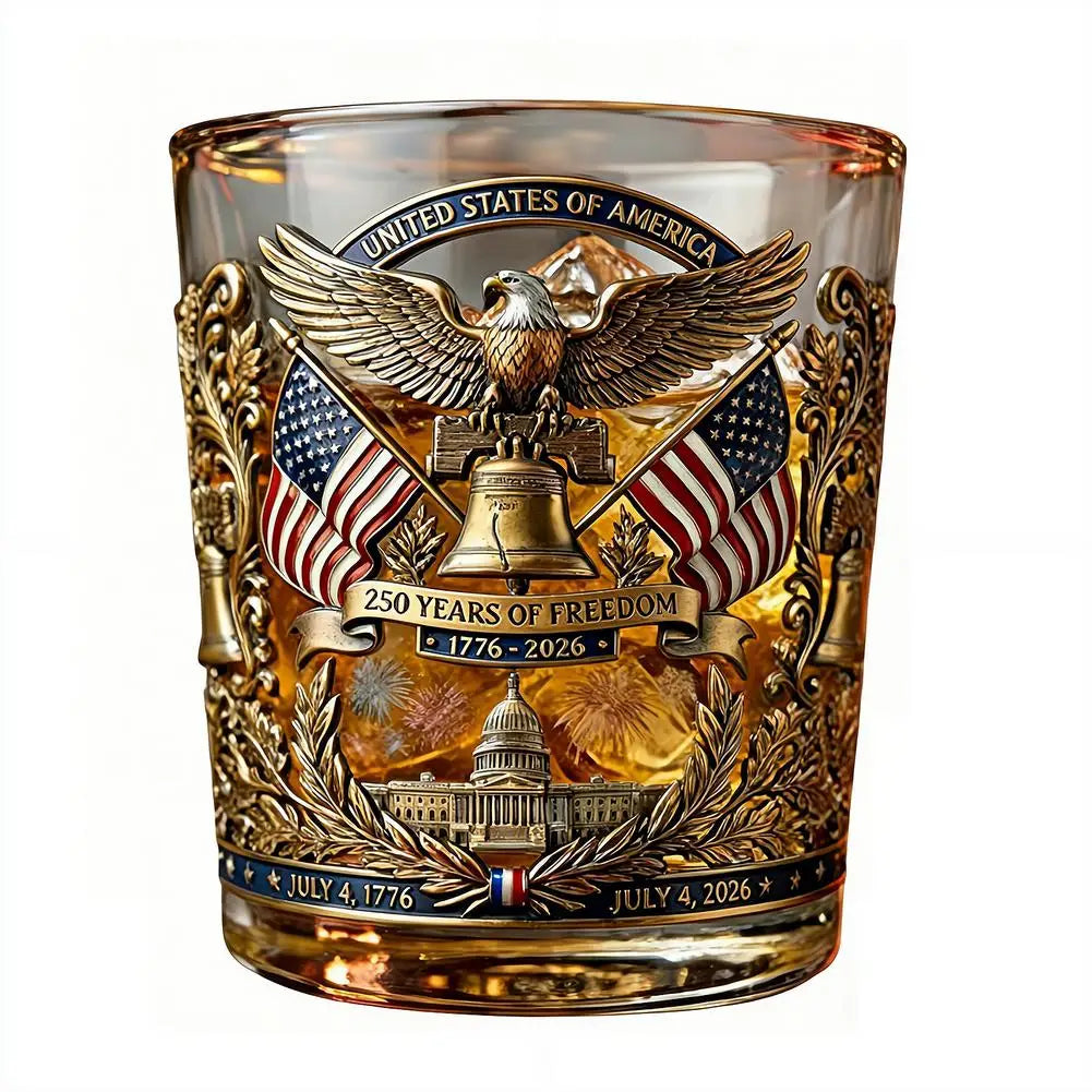 Whiskey Patriotic Glass Hand Blown Eagle Glassware USA 250th Anniversary Rotating Cup Gift Idea