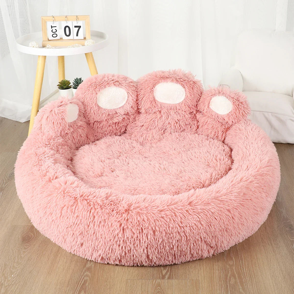 Bed Dog Plush Round Sofa Style Bed For Pets, Fall 2025 Cozy Washable Plush Bed With Paw Backrest Support