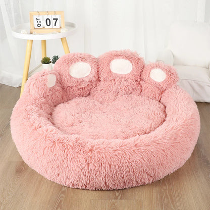 Bed Dog Plush Round Sofa Style Bed For Pets, Fall 2025 Cozy Washable Plush Bed With Paw Backrest Support