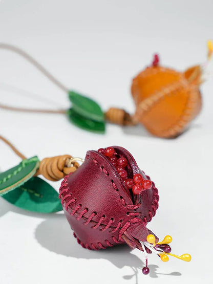 Leather Pomegranate Charm Keychain Bag And Car Decor