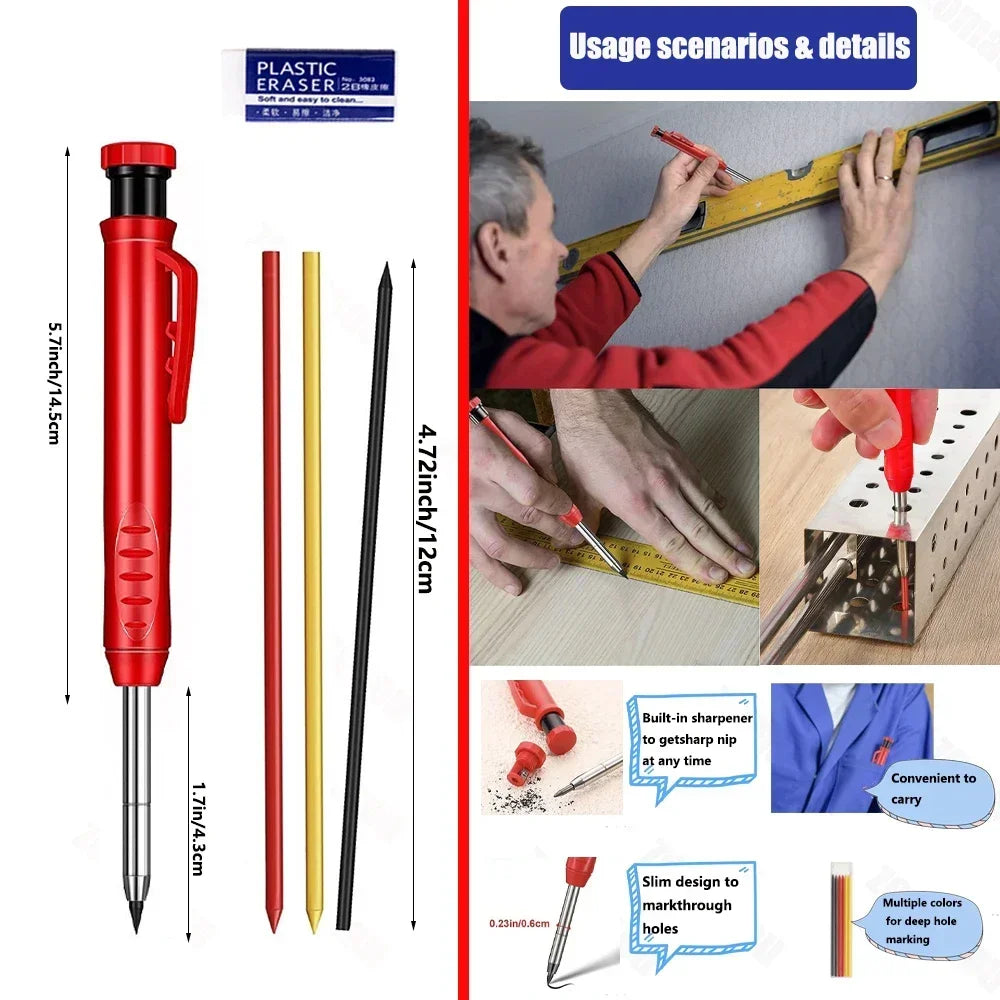 Pro-Grade Carpenter Pencil Metal Long Head Deep Hole Marker Device for Woodworking