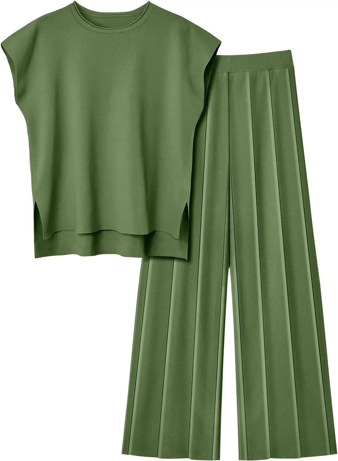 Sleeveless Round-Neck Knit Top, High-Waist Wide-Leg Trousers For Summer – Plush Relaxed Women’s Two-Piece Pant Kit