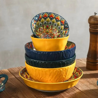 Bohemian Ceramic Bowls Kit Floral Serving Bowls Multi-Use