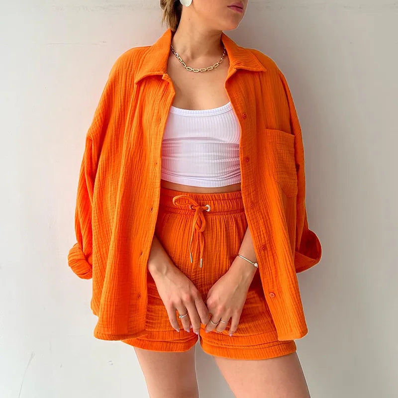 Women Two-Piece Kit Orange Wrinkled Lapel Shirt & High-Waisted Shorts Fashion Suit