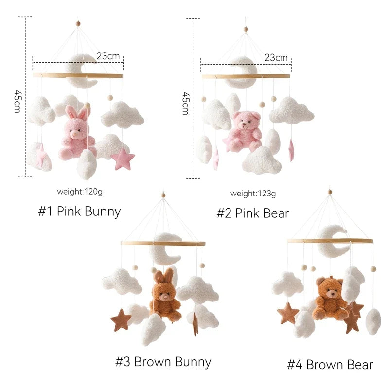 Crib Wooden Mobile Felt Bear Musical Newborn Sensory Toys