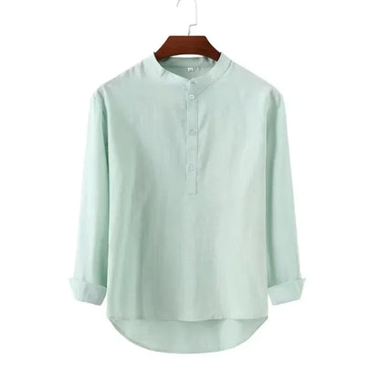 Cotton Casual Linen Shirt - Loose Tops, Long Sleeve, Henry Collar, Solid Blouse