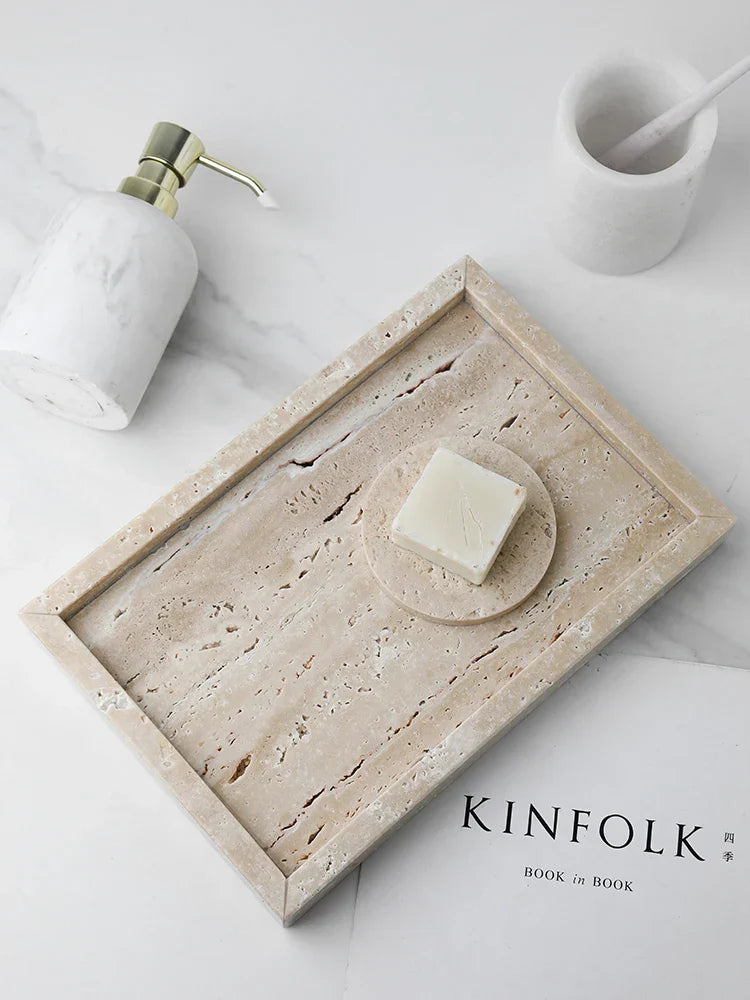Tray Vanity Travertine Stone Minimalist Marble Style Tray Beige Organizer Fall 2025 Coffee Table Decor Gift