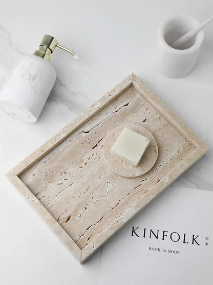 Tray Vanity Travertine Stone Minimalist Marble Style Tray Beige Organizer Fall 2025 Coffee Table Decor Gift