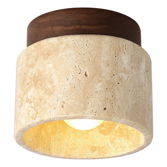 Travertine Japandi Ceiling Light Wood Cap Round Mid Century Lamp