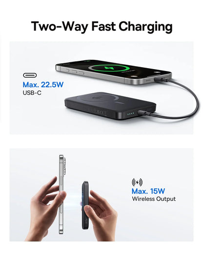 15W Cordless & 22.5W USB-C Charging for iPhone & Samsung 2026 – Qi2 Magnetic Power Bank 10000mAh