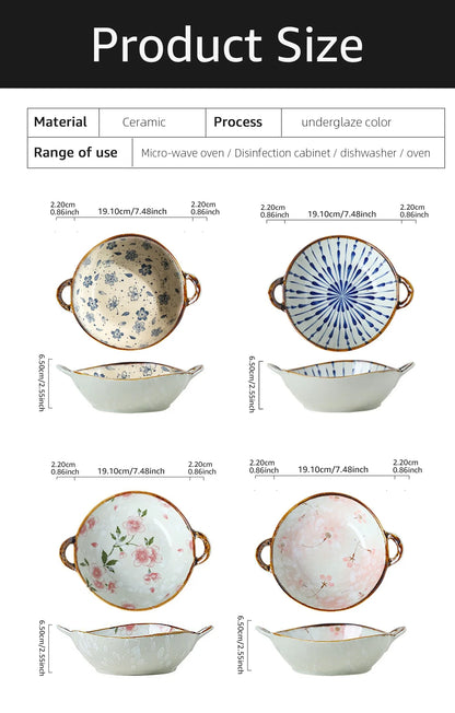 7.5 Ceramic Inch Noodle Bowl With Handles Floral Porcelain