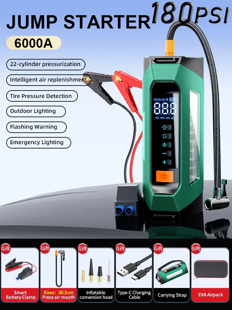 Car2025 Edition Jump Starter Travel-Friendly Power Bank 12V With Air Compressor 6000A Peak Emergency Start 180 PSI Fall