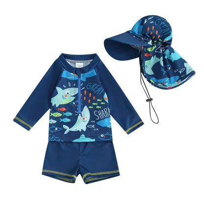 Fast-dry baby boys rash guard swimsuit set - long sleeve zip-up, fish print, polyester, summer beachwear