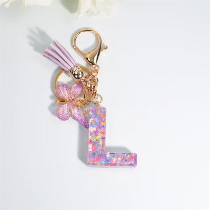 Letter Sequin Keychain With Butterfly Tassel Charm