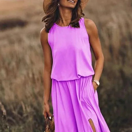 Spring/Summer Women's Trendy Retro Sleeveless Dress, Solid Color Two-Piece Kit