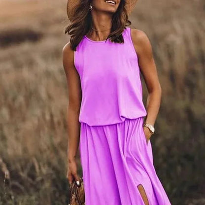 Spring/Summer Women's Trendy Retro Sleeveless Dress, Solid Color Two-Piece Kit