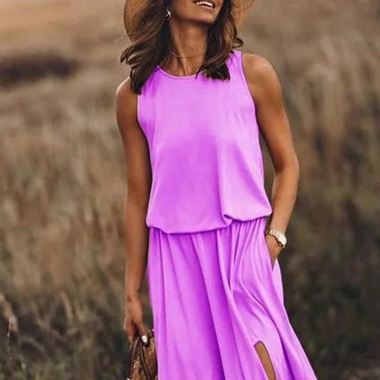 Spring/Summer Women's Trendy Retro Sleeveless Dress, Solid Color Two-Piece Kit