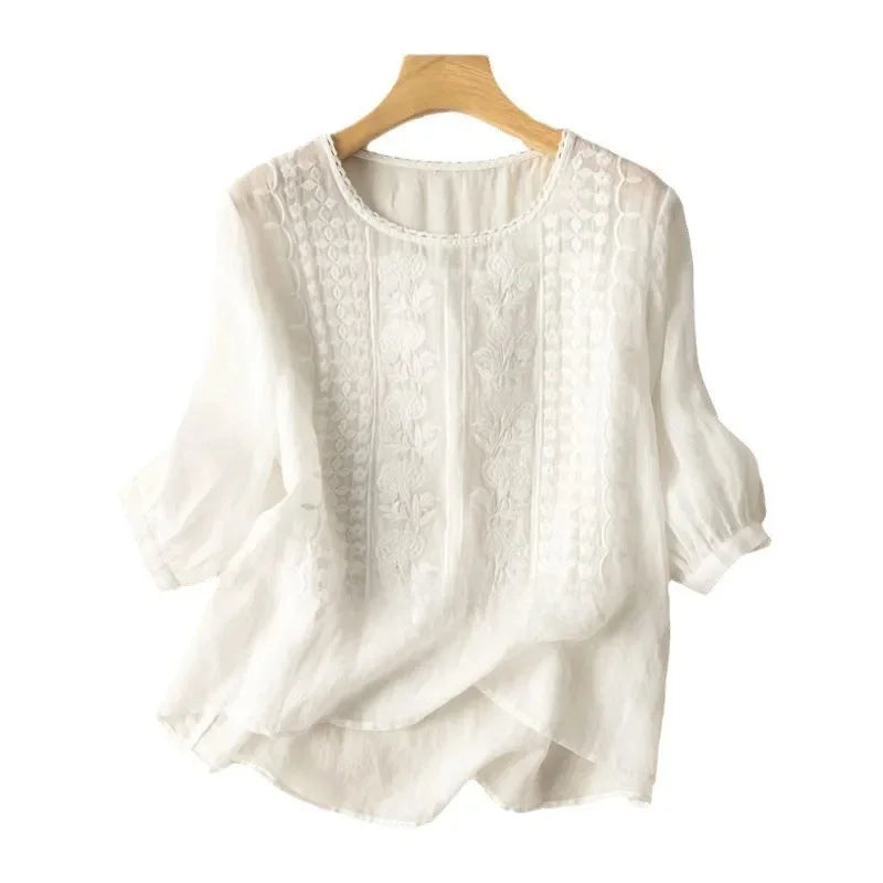 Elegant Embroidered Women's Blouse, Long Sleeve Plus Size Tops with Flattering Fit and Versatile Style-3