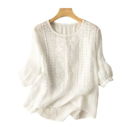 Elegant Embroidered Women's Blouse, Long Sleeve Plus Size Tops with Flattering Fit and Versatile Style-3