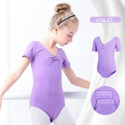 Plush girls ballet leotard - drawstring neckline, ruched front, cotton knit, for dance class