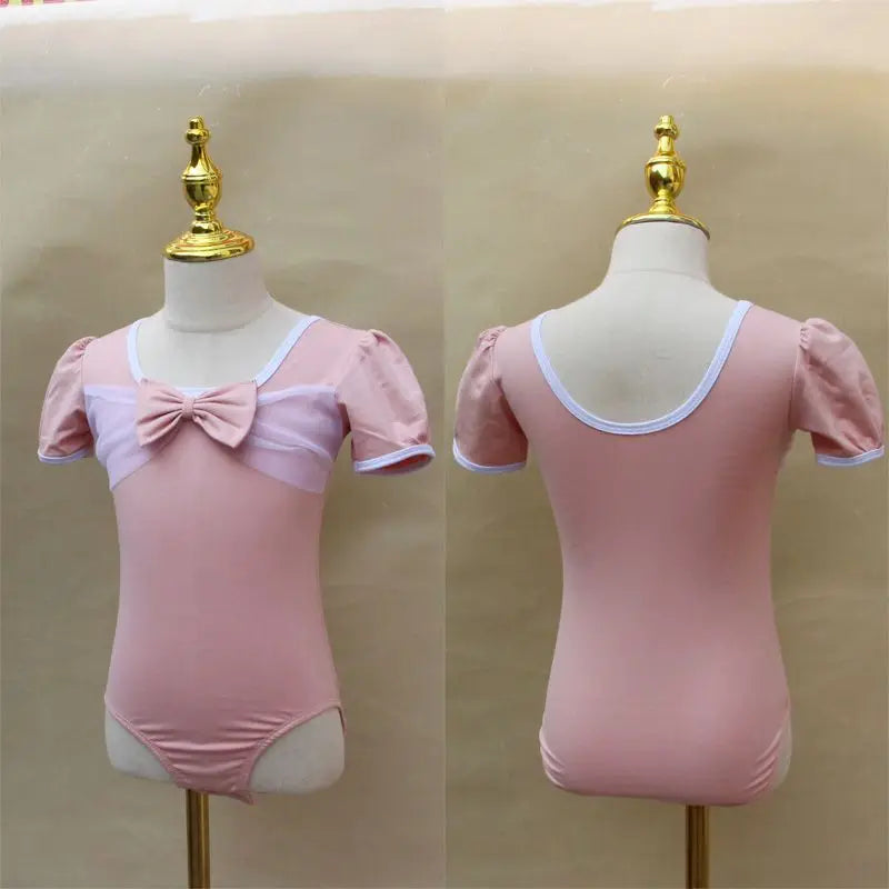 Light girls ballet leotard set - puff-sleeve top, tulle tutu skirt, polyester, for dance class