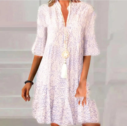 V Autumn Neck Flared Mini Dress for Ladies - Casual A-Line Pullover Boho Style